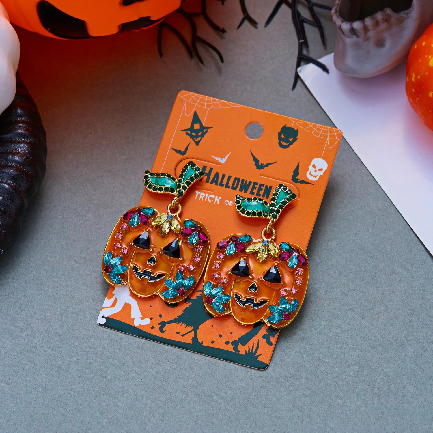 Halloween Colorful Crystal Pumpkin Drop Earrings For Women  Shiny Rhinestone Leaf Lantern Pendant Earring Party Festival Jewelry