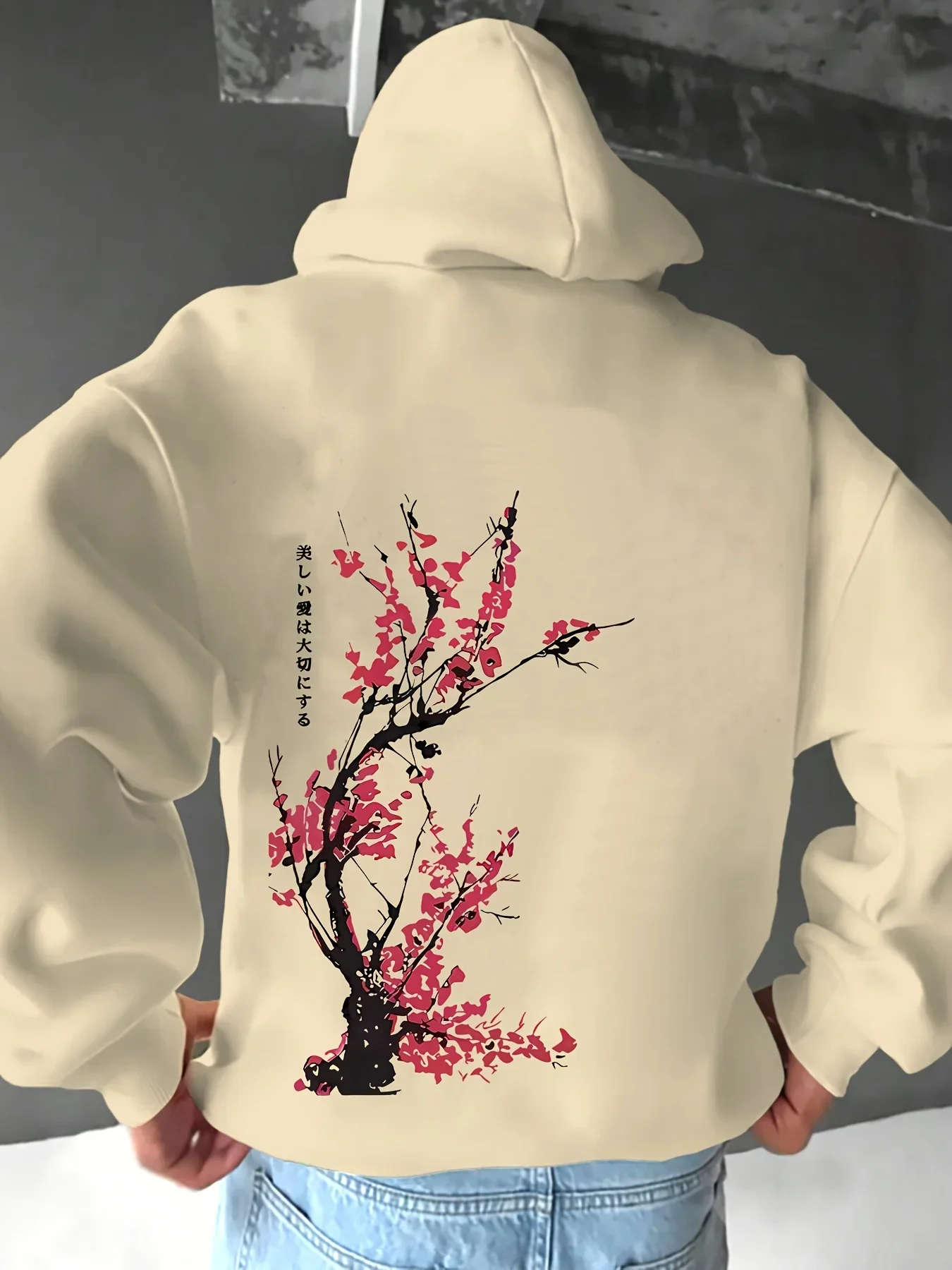 Men's Casual Hoodie with Cherry Blossom Print Slight Stretch Loose Fit Weekend Wear Fashion Long Sleeve Clothes Sportwear