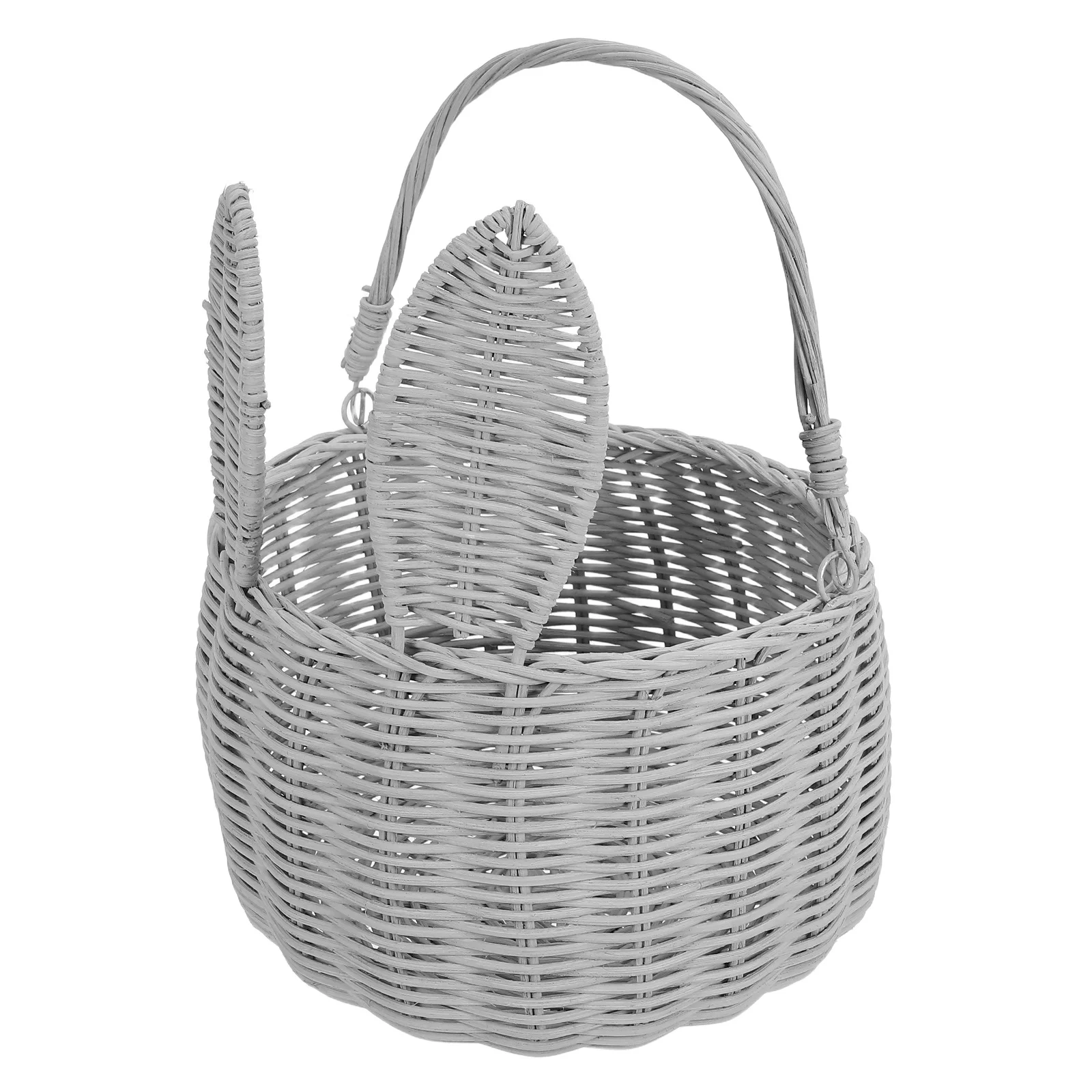 

Handmade Rattan Flower Basket Grey Woven Easter Egg Hunt Storage Organizer Bunny Ear Shape Picnic Basket For Party