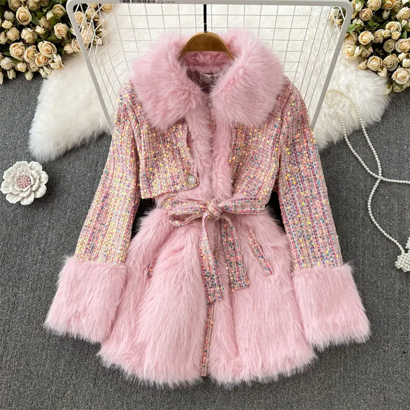 Autumn Winter Retro Temperament Medium Long Thick Tweed Stitching Imitation Fox Fur Coat Lady Fashion Quilted Woolen Jacket T131