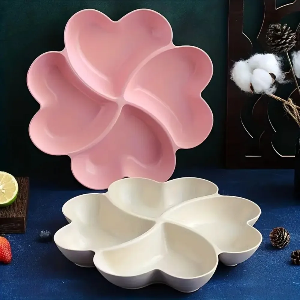 4-Compartment Appetizer Serving Platter Wheat Straw Four Leaf Clover Shape Food Storage Tray Unbreakable Snacks Serving Dish