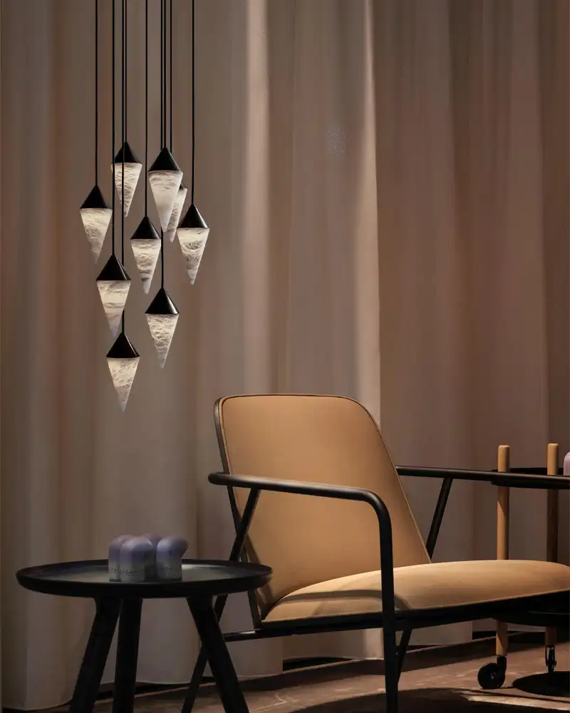 BOSSEN Modern Nordic Designer Cone Marble Chandelier Brass Dimmable with Height-adjustable and Three-Color Change for Staircase