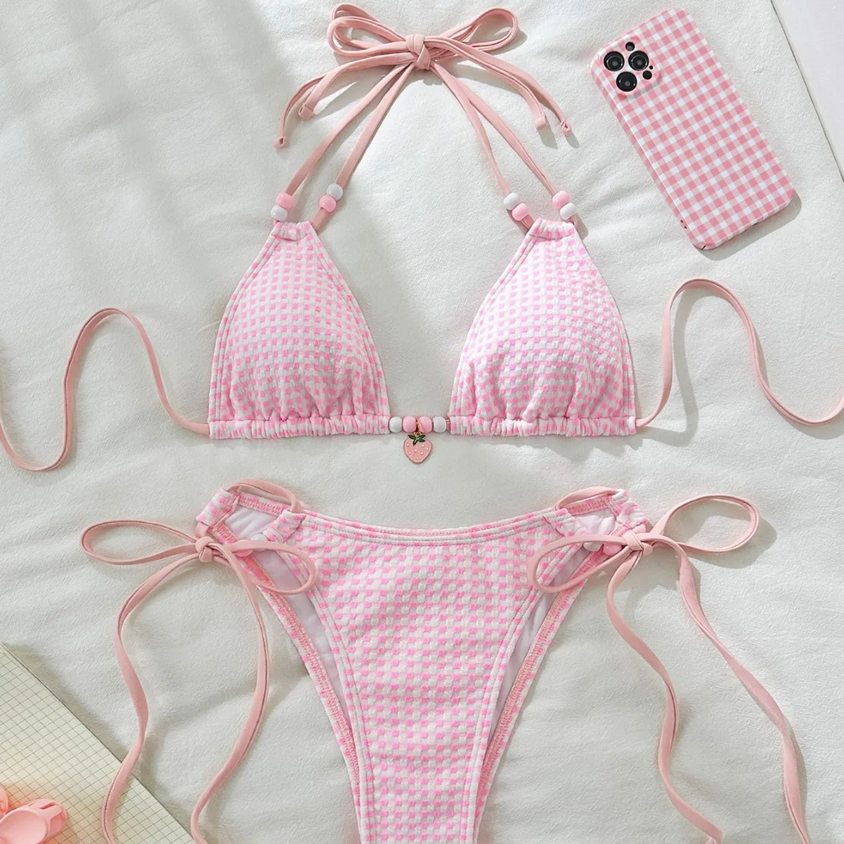 

Sexy Pink Plaid Bikinis Sets Women Bead String Strap Push Up Drawstring Side Thong Swimsuit 2025 Beach Bathing Suit Swimwear