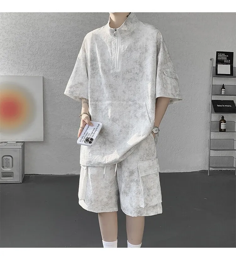 2026 Sommer Hong Kong Style Halb-Reißverschluss-Färbe-Set aus Eisseide mit Kühlfunktion, zweiteiliges Sportswear-Outfit im Hanfu-Stil mit kurzen Ärmeln – Detail 5