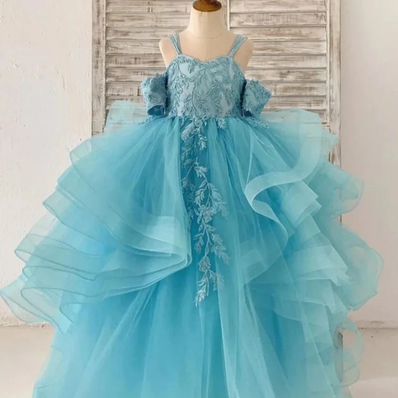 

Customized Flower Girl Dress Light Blue Strapless Long Dress for Wedding Party Birthday Princess Tulle Gown