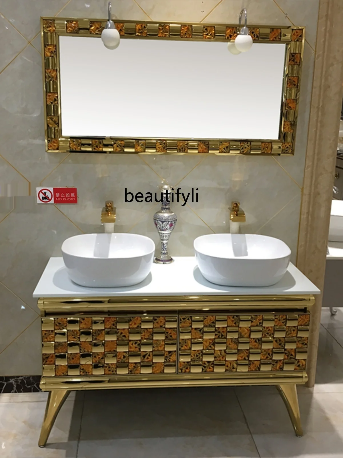 

Golden Bathroom Cabinet Combination Stainless Steel European Hotel Villa Bathroom Cabinet Wash Inter-Platform Basin