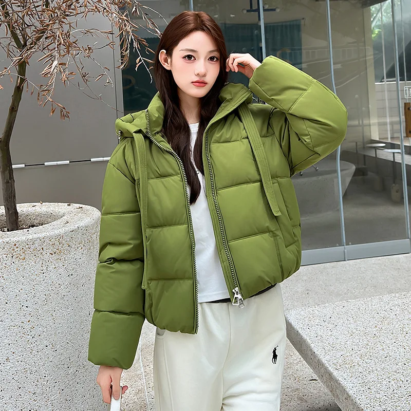 Padded Puffer Jacket Women Attached Hood Decorative Strap Zip Closure Cropped Length Warm Outer Short Casual Chic Garment Trend