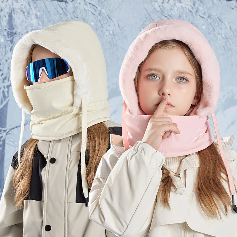 

Children Skiing Hat Scarf Mask One-Piece Fleece Lining Winter Kids Bonnet Cap Warm Ears Hooded Child Hats for Girls Boys 4-10Y