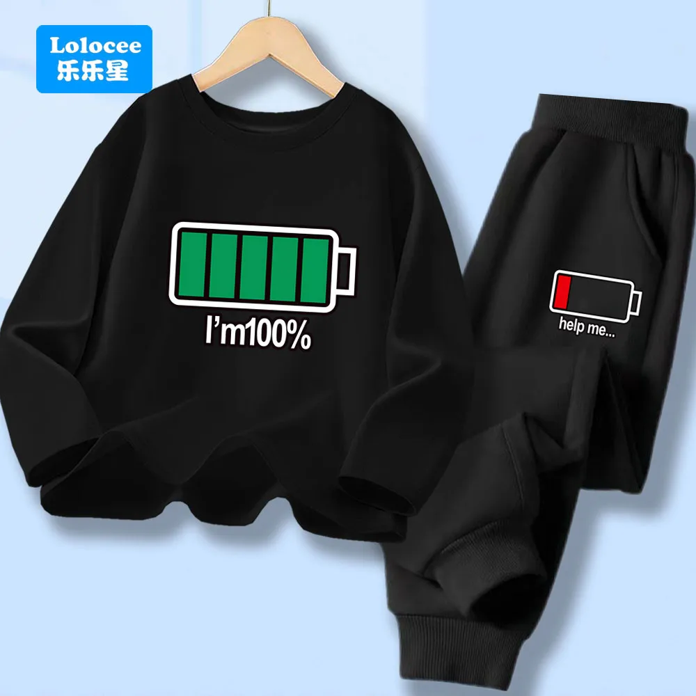 Spring Autumn Children Boy Clothes Set Kid Cartoon Battery Printed Pullover T-shirt And Pants Suit Long Sleeve Tracksuits DCW1