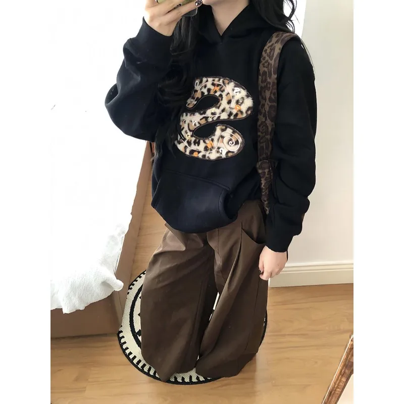 

Women's Leopard Print Fleece Applique Embroidery Hoodie - 2025 Autumn/Winter Fleece-Lined, Thickened Commuting Top