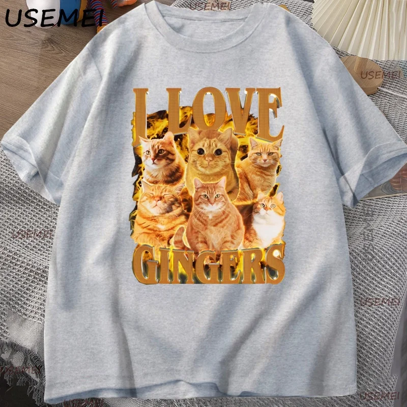 أنا أحب الزنجبيل تي شيرت مضحك البرتقال القط المحملة ريترو Y2K للجنسين تي شيرت عادية القطن قصير الأكمام الجولة الرقبة التي شيرت الشارع الشهير