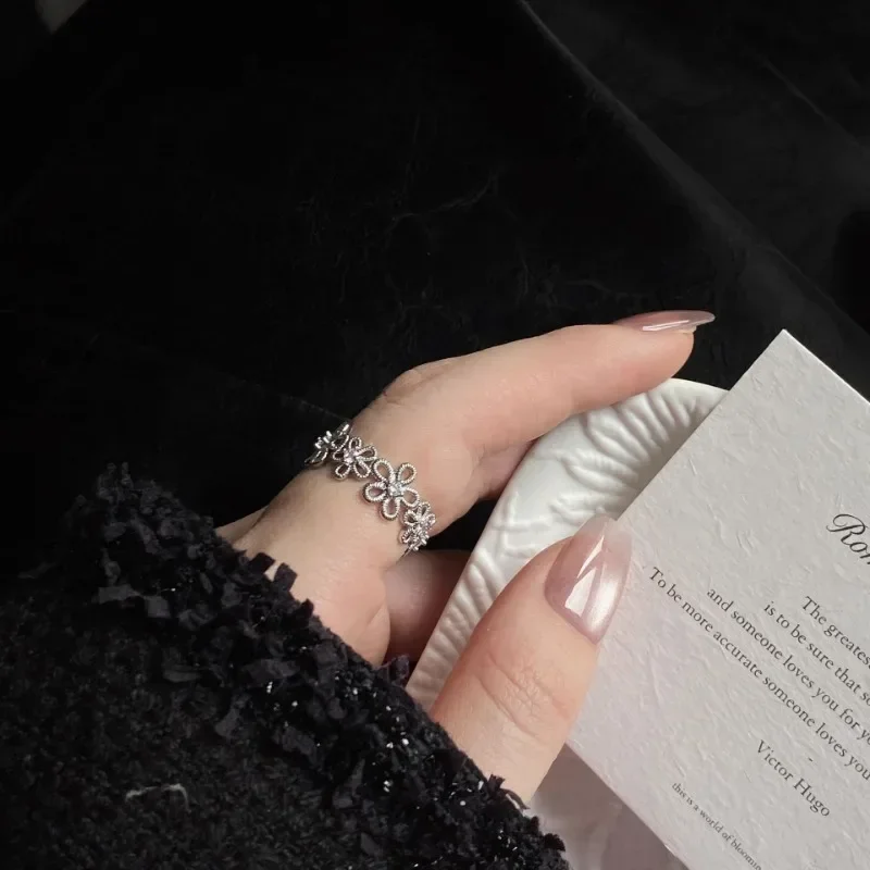 

Real 925 Sterling Silver Zircon Hollow Flower Opening Rings for Women Cute Plant Fine Jewelry Minimalist Irregular Accessory