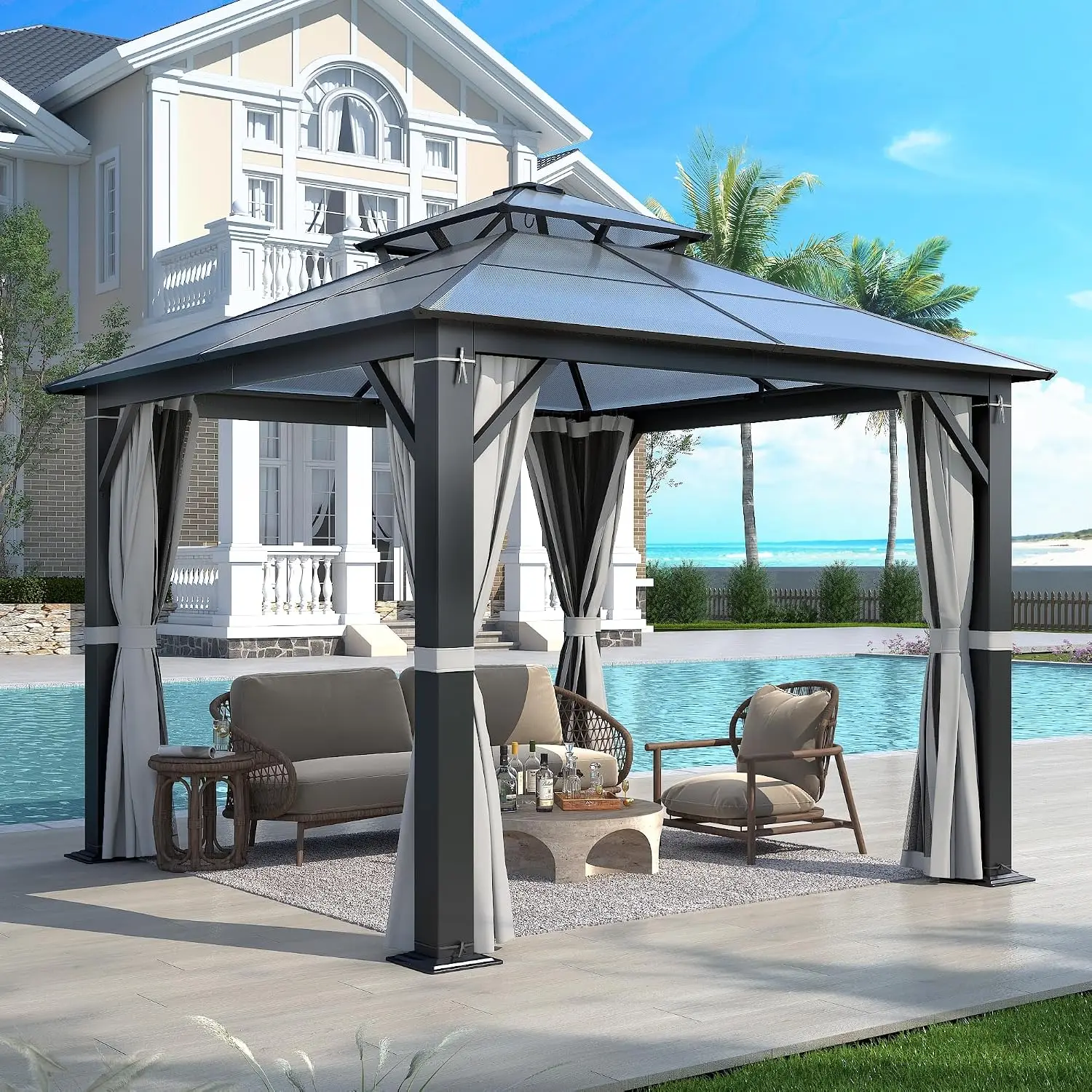 10'x10' Hardtop Gazebo, Outdoor Polycarbonate Double Roof Gazebos with Netting and Curtains, Heavy Duty Metal, Customized