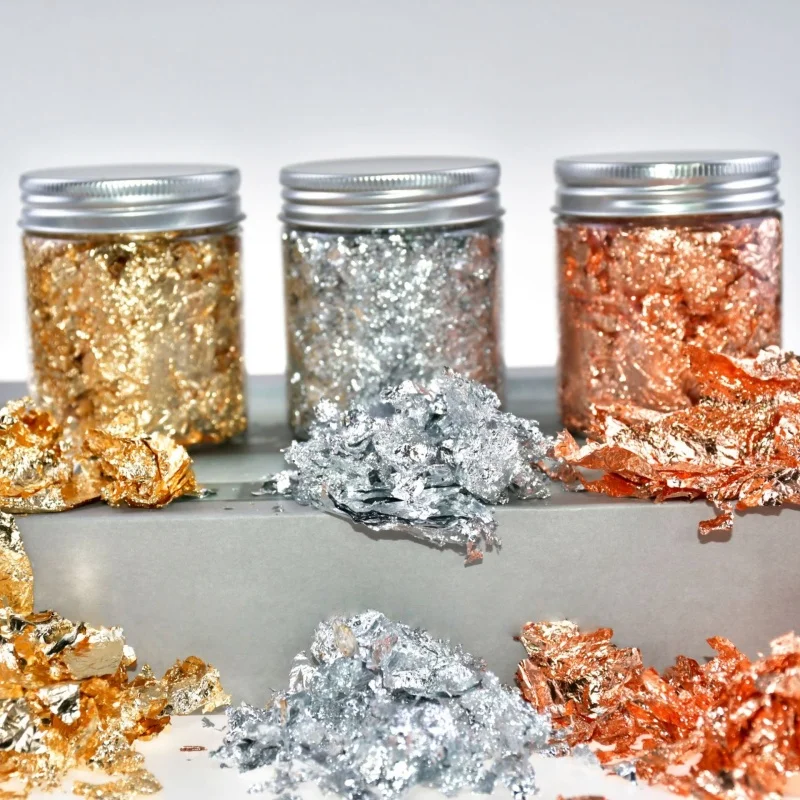 Lámina de cobre plateada de oro de imitación, lentejuelas, purpurina artesanal, hoja en escamas, papel de aluminio brillante para decoración artística de uñas DIY dorada