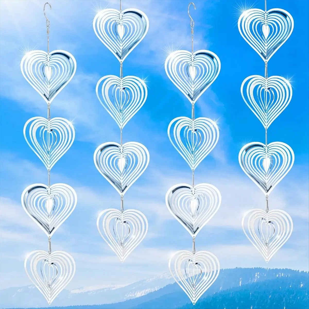 4PCS Heart Bird Scare Reflective Double-Sided Bird Reflectors, Sparkly Metal Wind Spinner Indoor Outdoor Garden Decor-A51M