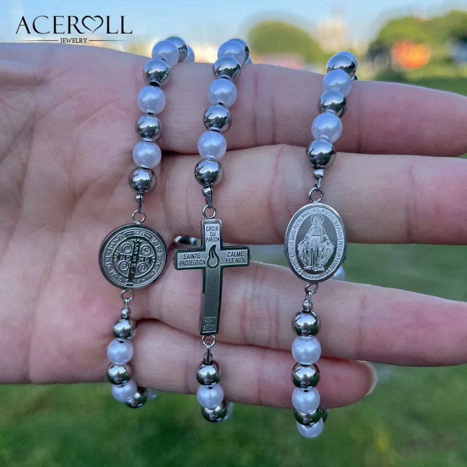 ACEROLL Stainless Steel Rosary Beads Bracelet with Saint Benedict,Miraculous Medal,Cross of the Sons and Daughters of the Light