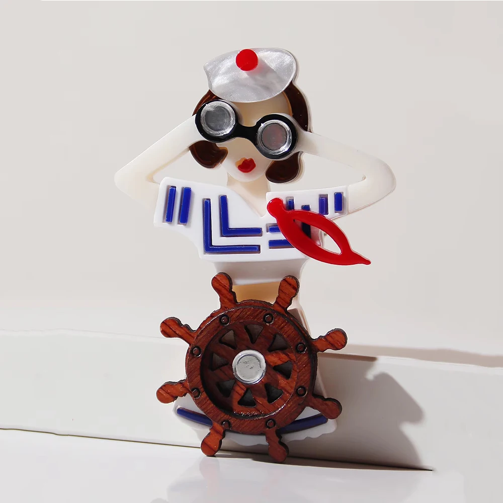 

2025 Cute Navy Girl Acrylic Brooch Pins Telescope Drive Steam Ship Lady Figure Badges Brooches for Women Jewelry Accessories