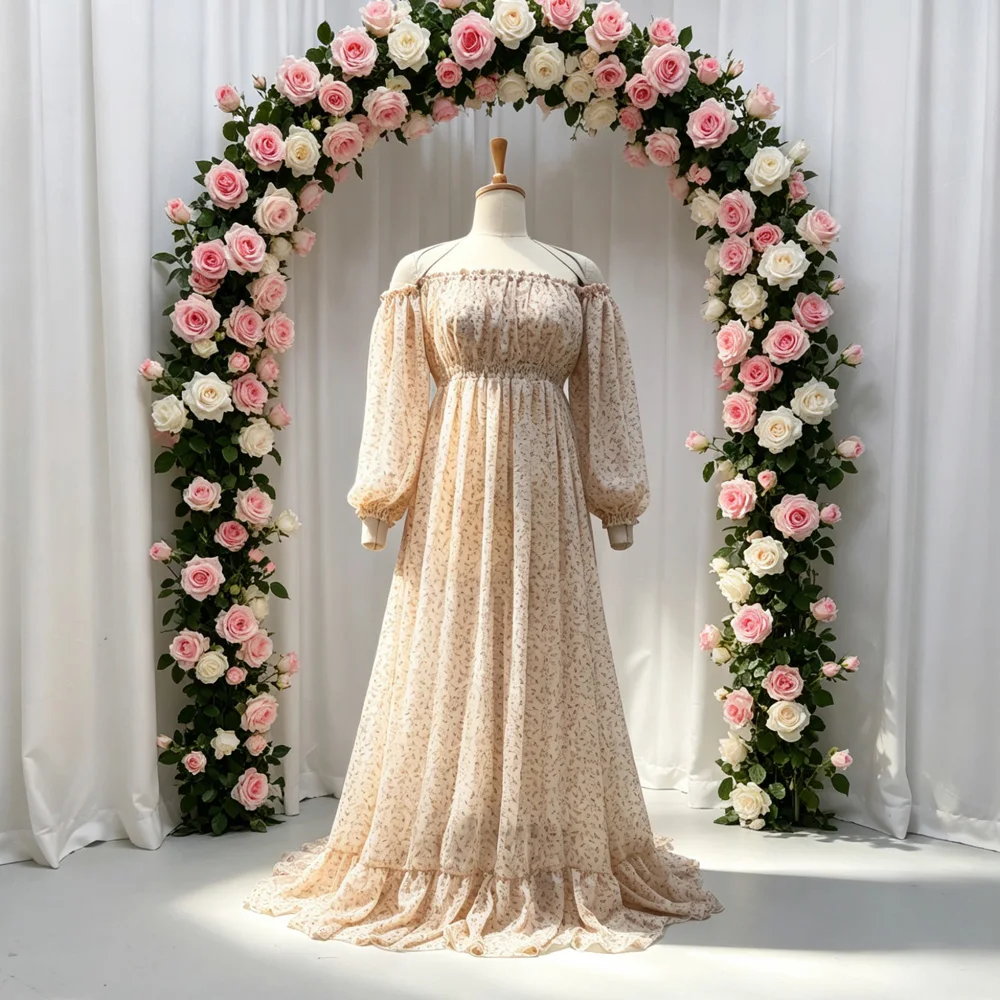 Plissierte Bedruckte Chiffon-Umstandskleider Babyshower-Kleid Fotoshooting Off-Shoulder Sexy Leicht Transparentes Rüschenkleid