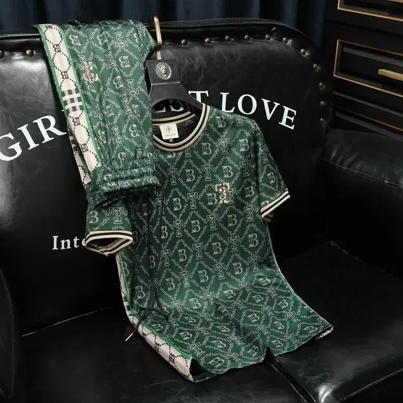 Trendy printed short sleeved sports suit men's summer set men's high-end handsome casual