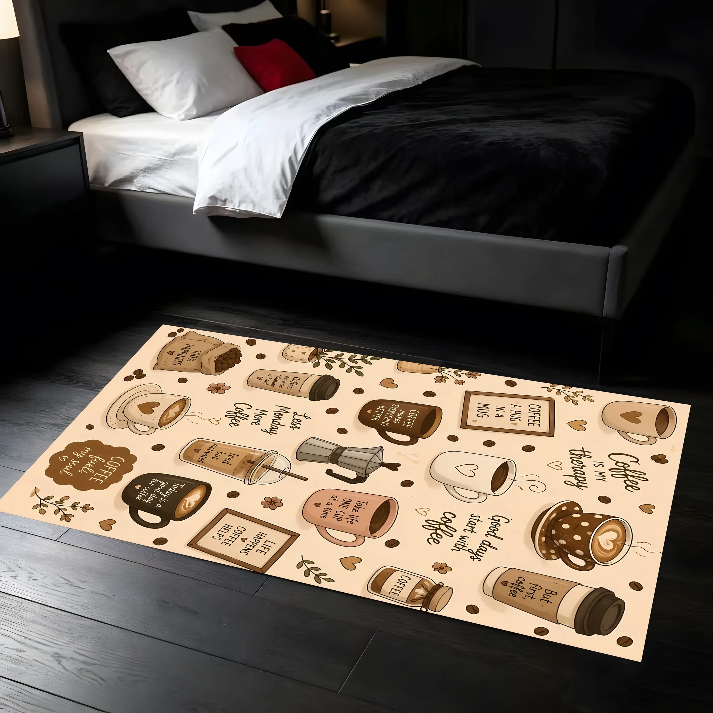 2D Carpet Coffee Elements Coffee Healing Slogan American Retro Style Warm Brown Soft Texture Cozy Autumn Winter Holiday Atmosphere