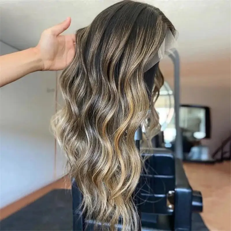 

Natural Long 26Inch Glueless 200Density Highlight Blonde Wave Lace 5x5 Silk Base Human Hair Wig For Women BabyHair Preplucked