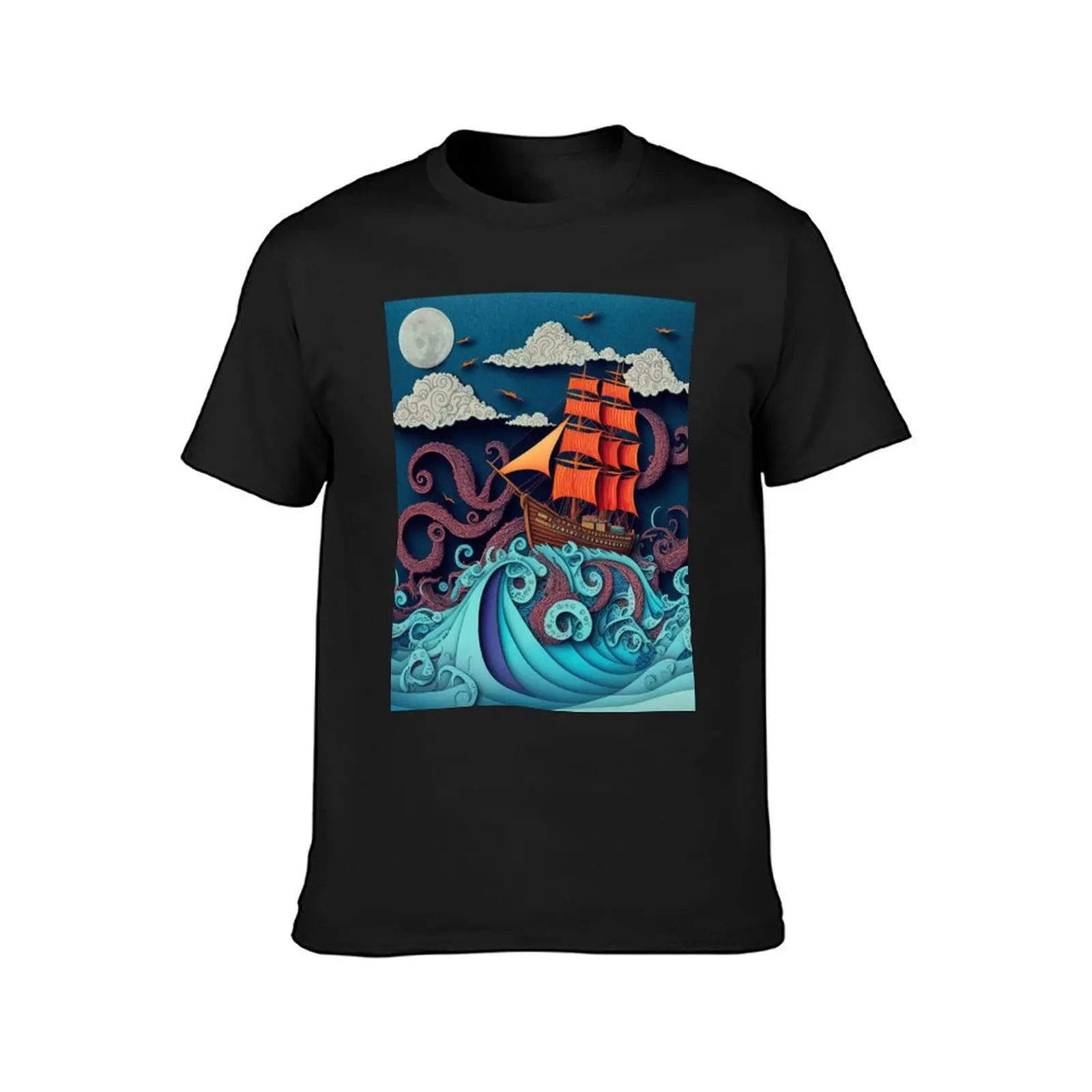 Vintage Kraken Attacking Ship illustration T-Shirt summer clothes heavyweights anime tops black t shirts for men