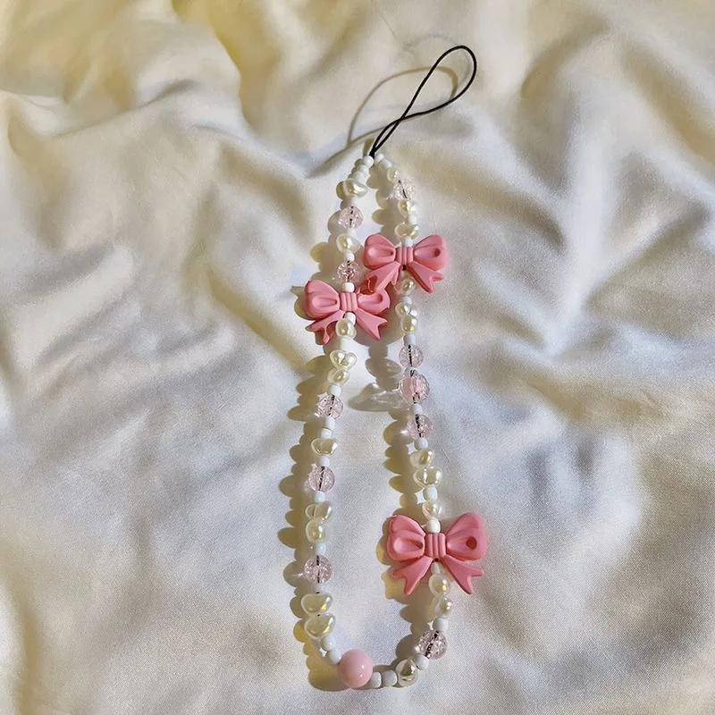 Fresh Bow Anti Drop Wrist Strap Phone Case Rope New Accessories for Women's Gifts Fashion Plush Beaded Love Phone Chain Lanyard