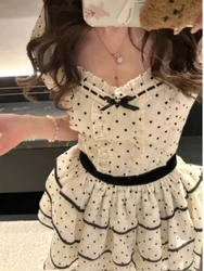 2000s Vintage Y2k Polka Dot Pleated Mini Dress Women Casual Sweet Even Party Dress Summer 2024 Korean Fashion Beach Dress Chic