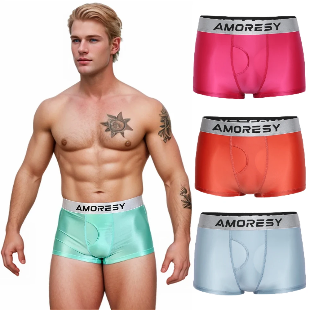 AMORESY Men's Ultra-thin Ice Silky Smooth Transparent Briefs Breathable Stretch Swim Trunks Spandex Underwear Beach Boxer Shorts