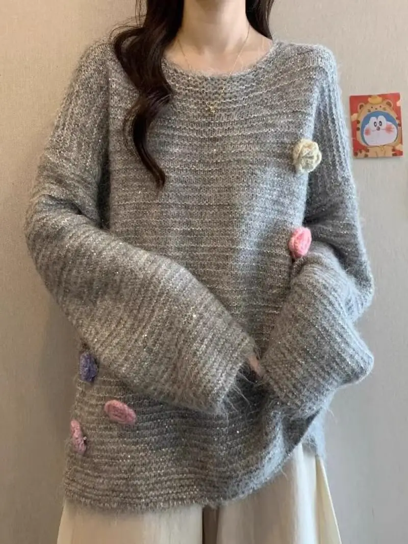 스웨터 니트웨어 여성 플러스 사이즈 아름다운 꽃무늬 회색 스웨터 여성 니트웨어 긴팔 탑 가을 겨울용