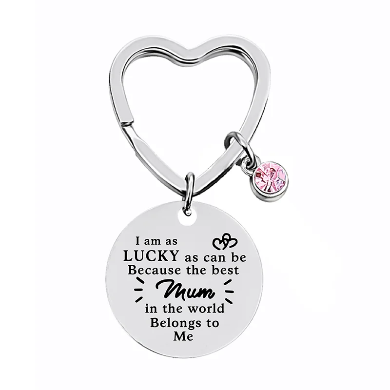 Customizable Stainless Steel Round Metal Plate Laser Engraved Keychain Pink Rhinestone Detail Mom's Day Gift Wholesale