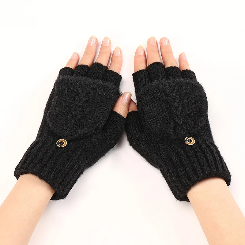 Dual-use Winter Warm Cycling Gloves Thickening Wool Gloves Knitted Flip Fingerless Exposed Finger Gloves Without Fingers Mittens