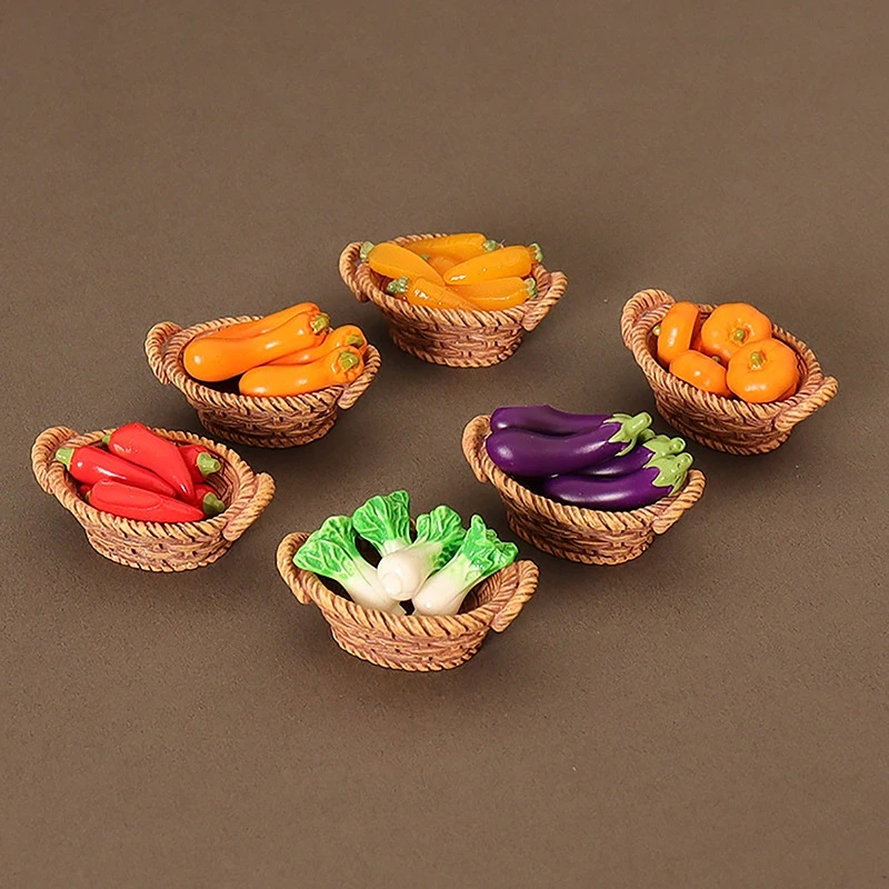 1:12 Mini Simulation Artificial Fruits and Vegetables Doll House Vegetable Bamboo Basket Miniature Accessories Pretend Play Toys