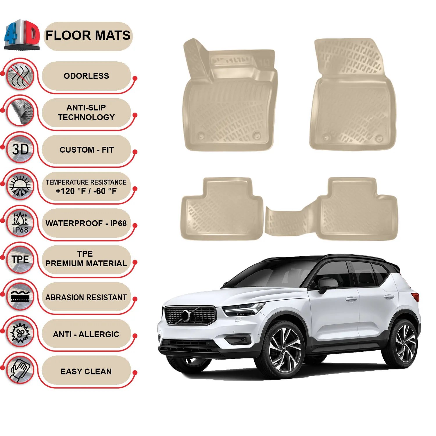 Volvo XC40 - (2018-2022) Floor Mats Liner Waterproof 3D - (Beige)