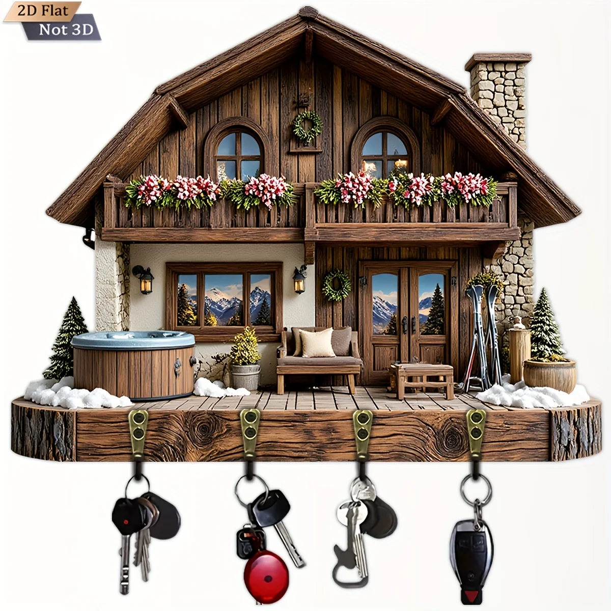 2D Flat, 1pc, Snow Mountain Cabin Key Hook, Wooden Multifunctional Home Key Holder with Four Metal Hooks, Wall Decoration,