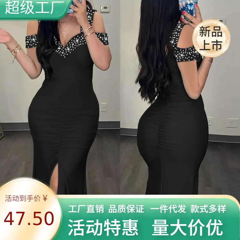 

2025 Fashion Women's Clothing Casual V-neck Waist Split Pleated Dress Shows Thinness And Temperament Elegant New Black