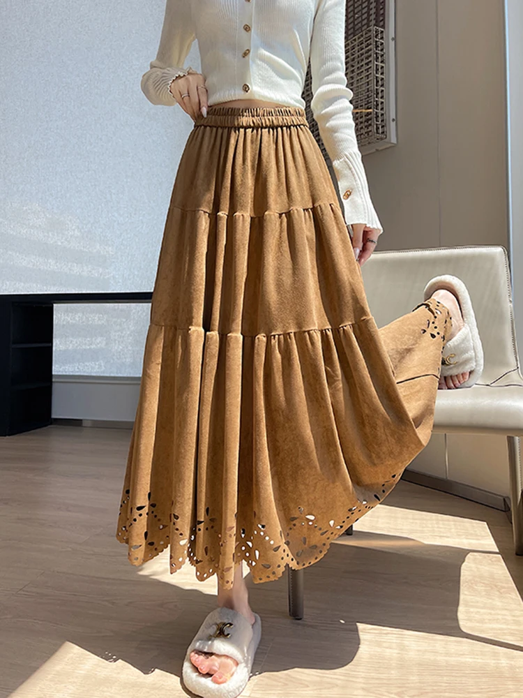 

Длинная юбка миди А-силуэта для женщин, весна 2026, с кружевной отделкой, эластичным поясом, ажурная, приталенная, для повседневной носки