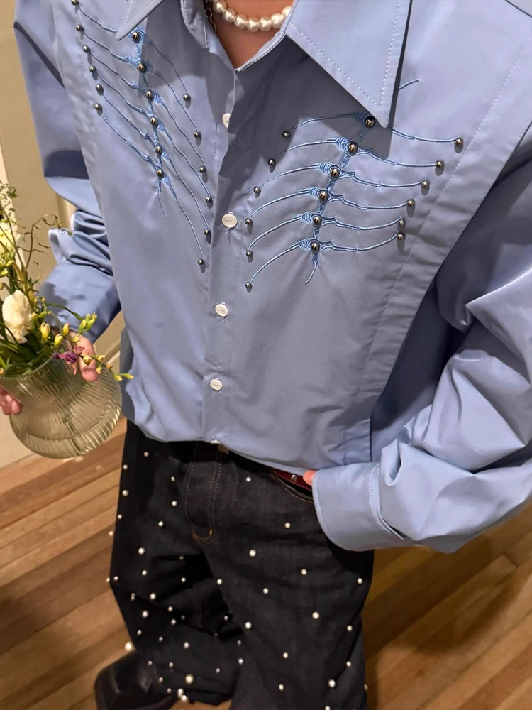 Csa Masculina Azul Bordada de Manga Longa Design Cleanfit Primavera com Costura de Rebite Olho de  Casual Ajuste Solto