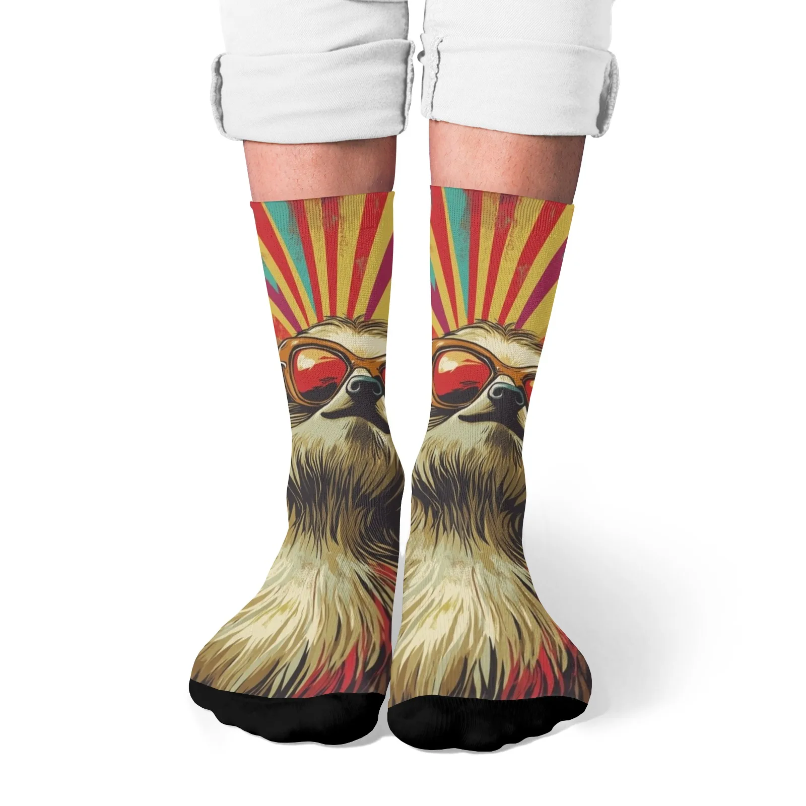 Vintage Hippie Sloth Crew Socks Colorful Sunburst Print Cool Animal Pattern Sunglasses Psychedelic Street Hip Hop Socks Gift