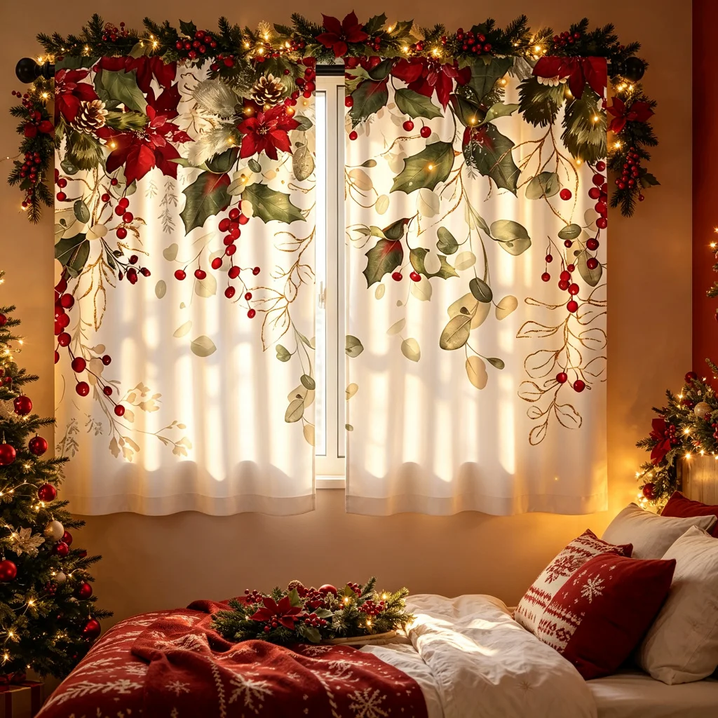 2PCS Christmas Red Print Curtains, Rod Pocket, Polyester, Home Decor, Window Drapes, Bedroom Living Room, Kitchen, Bathroom