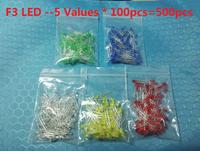 5 Values * 100pcs =500pcs 3MM 5MM Led Diode Kits White Red Green Blue Yellow Light Emitting F3 F5 Diodes Kit Set Pack 5 Colour