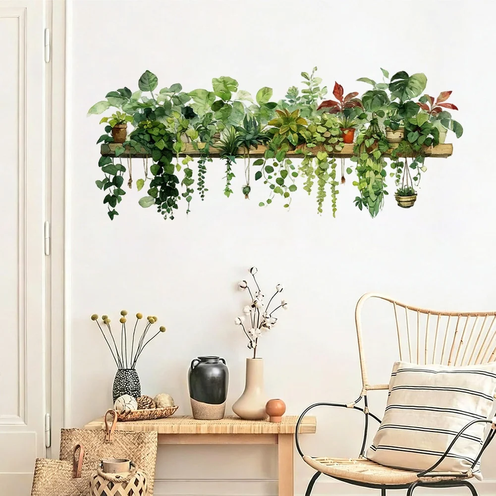 Potted Plant Green Leaves Wall Stickers, Self‑adhesive Botanical Mural Decals, Decorative Wall Art Ornament For Living Room