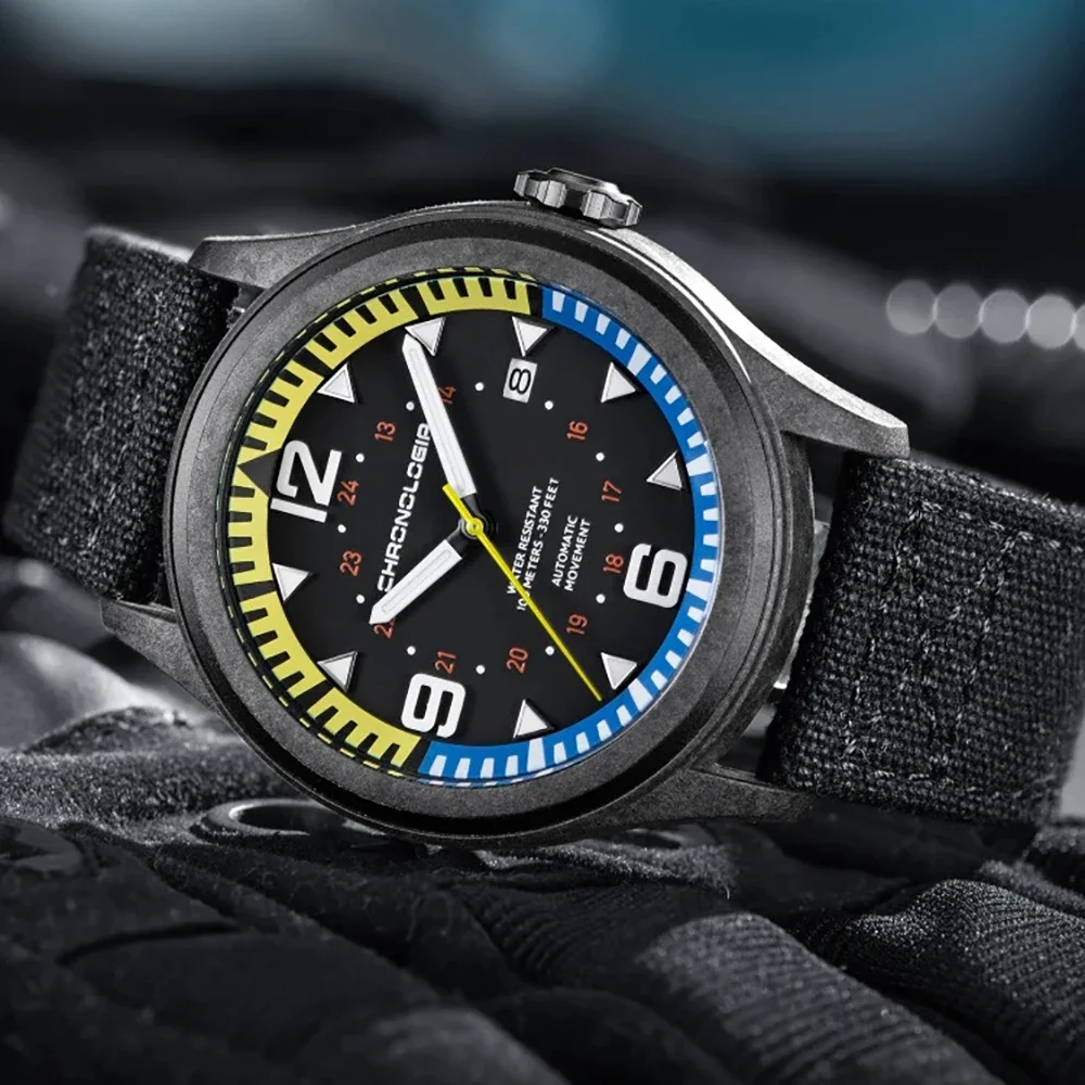 Carbon Fiber Pilot Watch Automatic 45mm Military Watches Men Sports 100m Waterproof Luminous Mechanical Wristwatches Chronologia