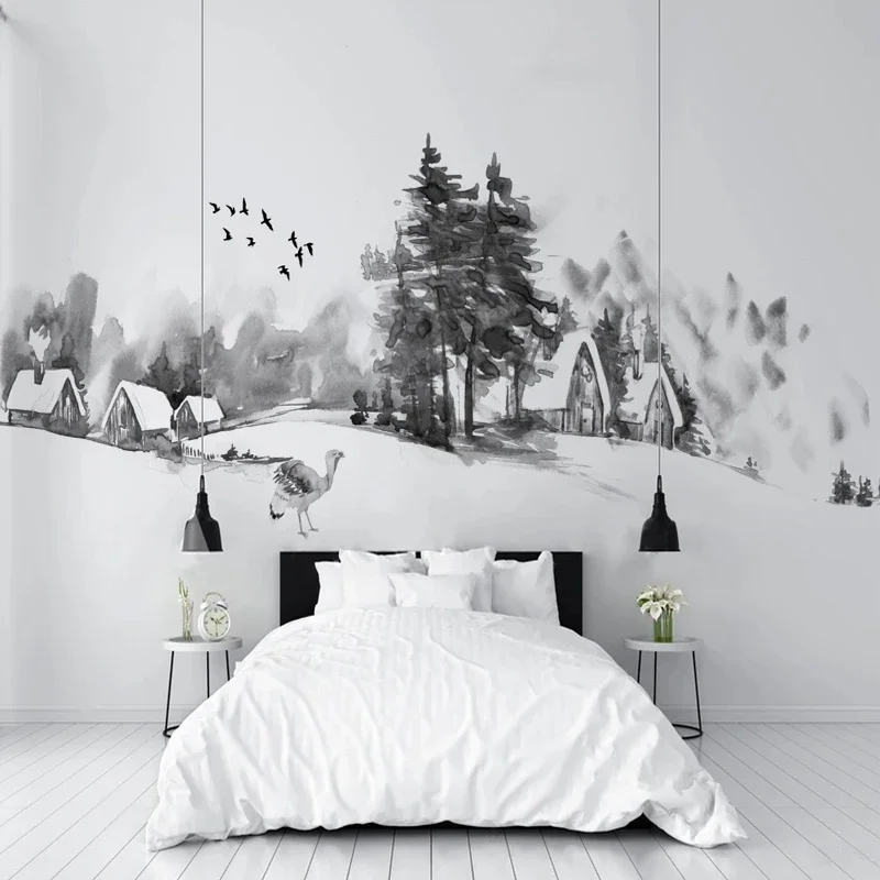 

Modern Black White Ink Painting Winter Snow Village Scenery Wallpaper for Bedroom Living Room Background Wall Decor Custom Size