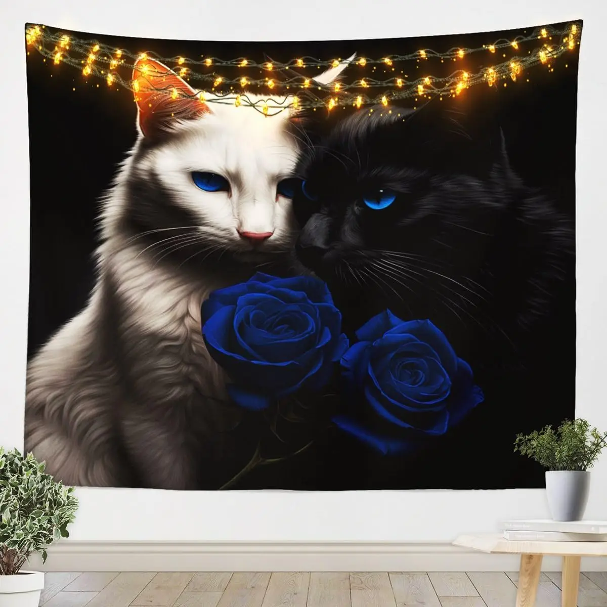 Black and White Cat Tapestry,Red Rose Floral Wall Hanging Art for Kids Girls Women Teens Bedroom Decor,3D Animals Plants Wall