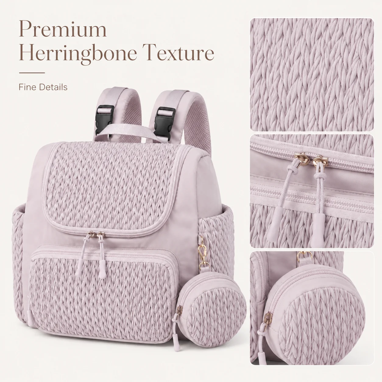 Fashion Mommy Diaper Backpack Large Capacity Baby Bag Herringbone Quilted Travel Nursing Bag with Multi Pockets Side Pouch for M