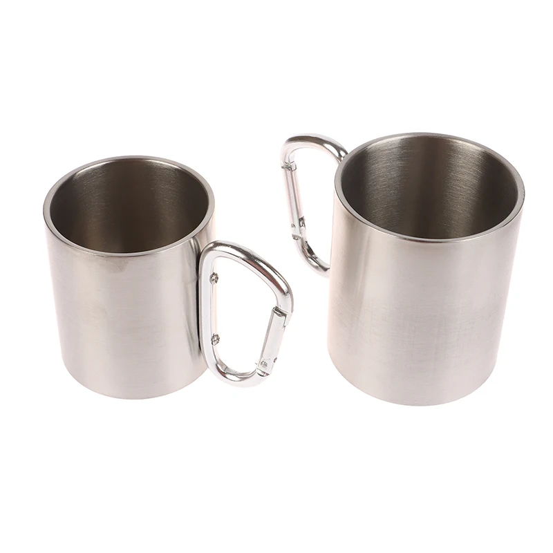 New 220/330ml Outdoor Camping Mug Stainless Steel Cup Traveling With Carabiner Handle Coffee Tea Mug Cookware Set Outdoor