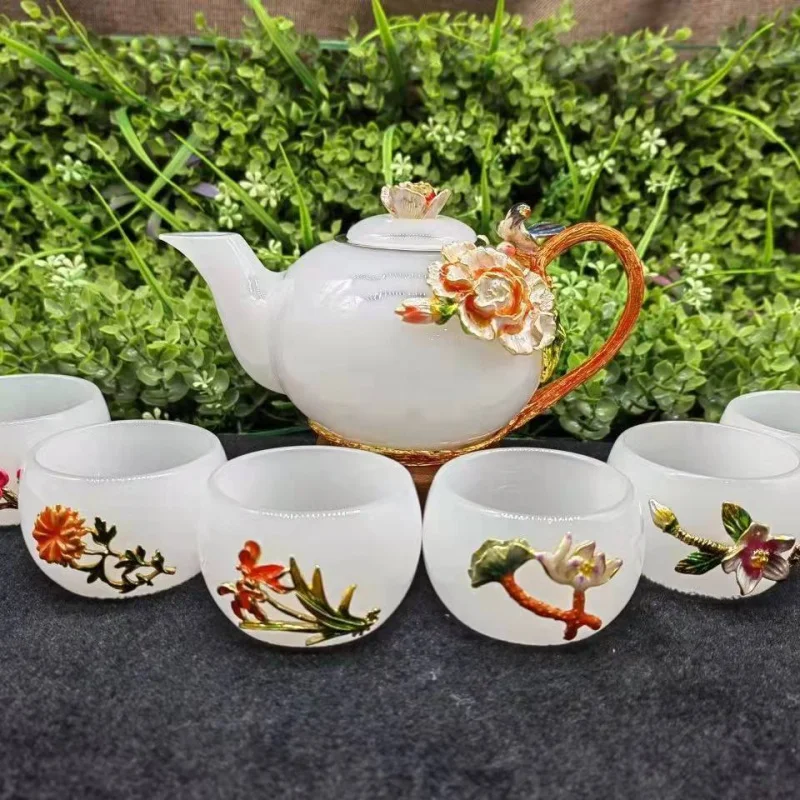 Household Jade Porcelain Whole Set Teaware Set Enamel Ribbon Strainer Kung Fu Tea Set Gift Box Packaging Handmade White Jade Tea