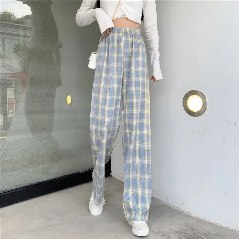 Women 1pcs Gride Pants Ladies Casual Loose Straight-leg pants Spring Summer Student High Waist Fashion Korean Streetwear Trouser