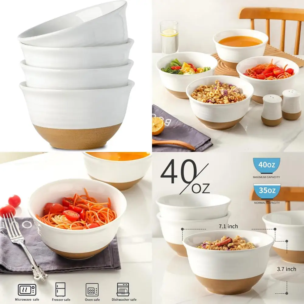 

soup bowls, 7 inch large cereal bowls set of 4, 40 oz ceramic deep salad serving bowls, bowls set for pasta pho ramen noodle po